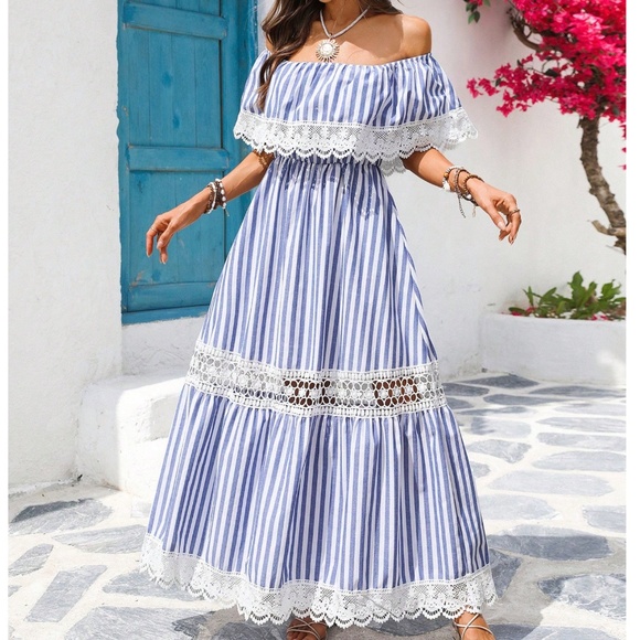 Boho Lace Off Shoulder Stretchy Waist Maxi Dress - Picture 4 of 4
